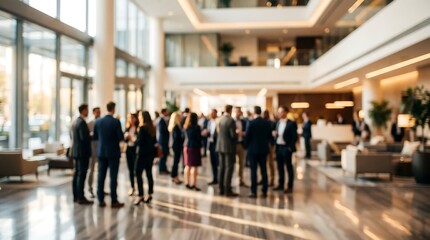 Fototapeta premium Blurred professional business networking event in modern corporate lobby with groups of people in suits for business conference background and corporate lifestyle photography