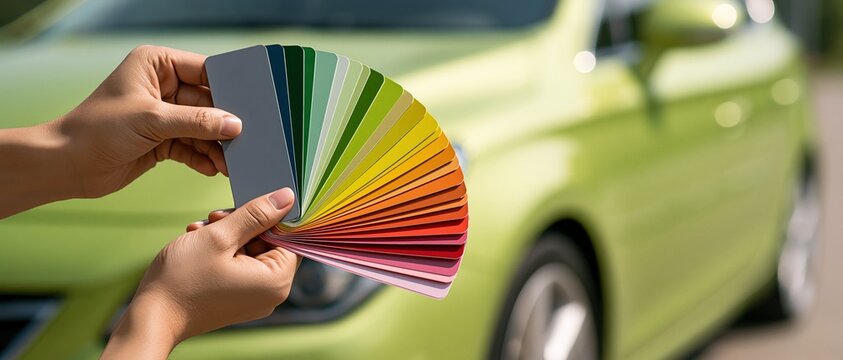 Choosing a custom car paint color with a vibrant rainbow swatch fan held against a green vehicle. Perfect for automotive, customization, repair, and creative design concepts.