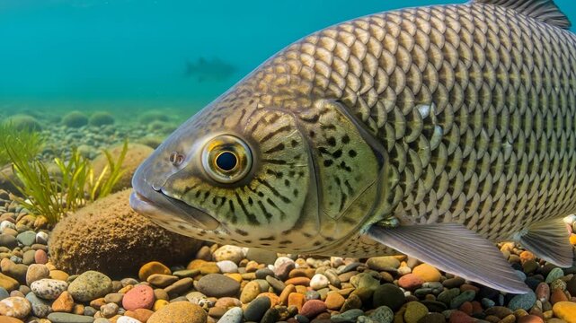 Underwater close-up of freshwater fish swimming over colorful riverbed pebbles 4K Ai HD high quality video.