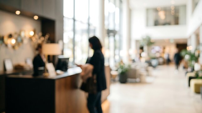 Blurred lobby interior of modern hotel with guest standing at reception desk for check in process in bright spacious entrance hall area with warm lighting and contemporary design