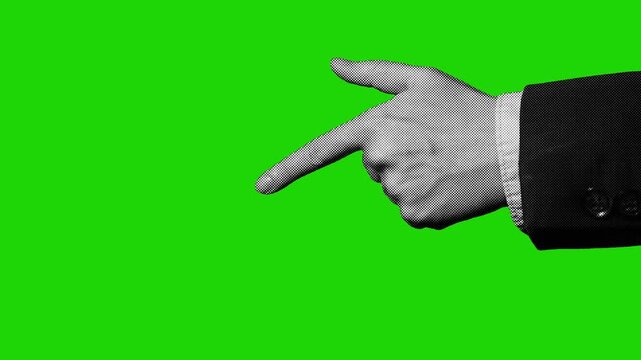 Halftone businessman hand with pointing index finger moving forward and back on green background. Retro pop art style, seamless loop for marketing and directing content.