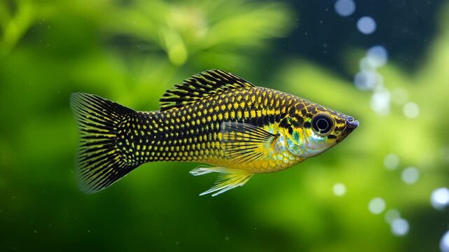 Vibrant gold dust molly fish swimming in tropical aquarium plant background 4K Ai HD high quality video.