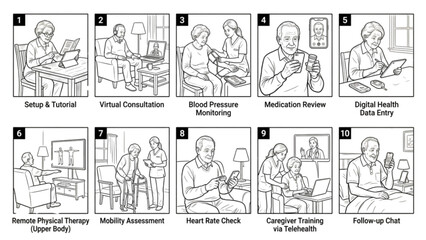 Obraz premium Elderly Home Care Telemedicine Poses Line Art Collection | 10 Premium Senior Telehealth Vector Pack