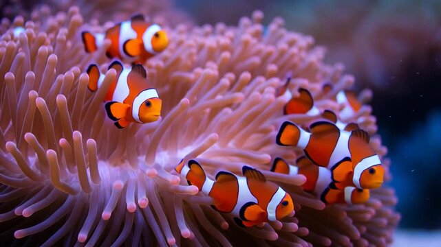 Vibrant clown fish swimming in sea anemone underwater marine life 4K Ai HD high quality video.