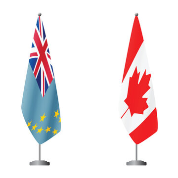Tuvalu and Canada flags on flagpoles for official ceremonies and meetings, transparent background vector