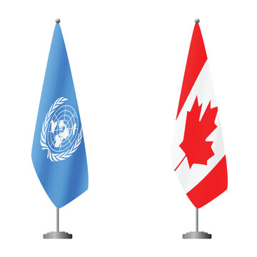 United Nations and Canada flags on flagpoles for official ceremonies and meetings, transparent background vector