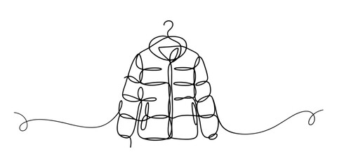Continuous single line drawing of a puffy winter jacket hanging on a hanger © Kanu Art_Gallery