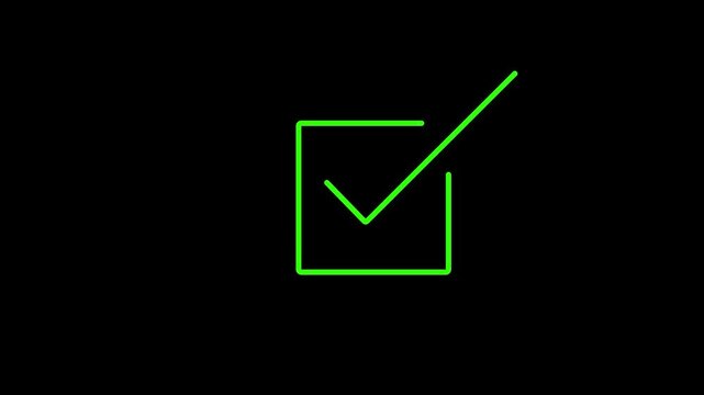 Neon green check mark icon animation drawing on black background, glowing correct tick mark sign for approval success and right choice validation video loop