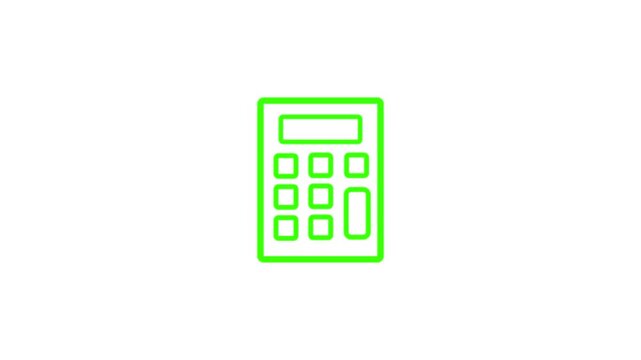 Neon green calculator icon animation drawing on white background, math accounting financial calculation and business budget planning line art loop video