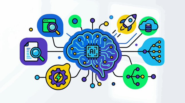 Abstract digital brain with interconnected icons representing data cloud and innovation