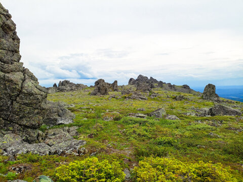 Mountain landscape with grass and stones.