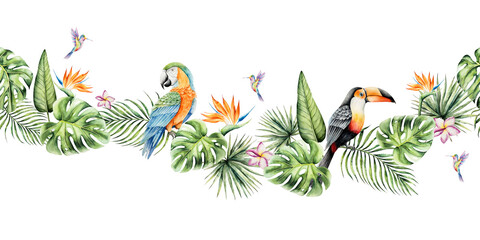 Obraz premium Seamless pattern. Toco toucan and parrot macaw sitting on a branch, leaves of a palm tree, Strelitzia, monstera. Watercolor hand drawn bird, isolated illustration on transparent background. Perfect