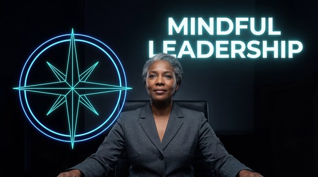Confident middle-aged African American businesswoman sitting before a glowing compass symbol and mindful leadership text