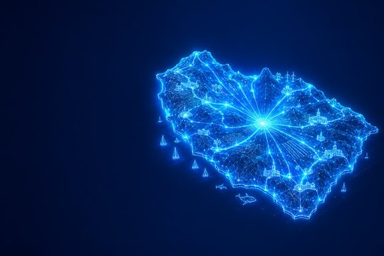 Abstract digital network map of madeira island topography in glowing blue nodes and connected data lines. futuristic low poly madeira day with technology. futuristic. low poly madeira day