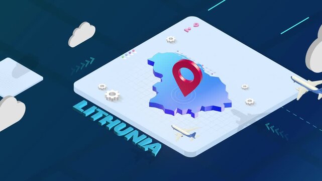 Isometric 3D Render of Lithunia Map with Red Location Pin Pointer and Floating Airplanes