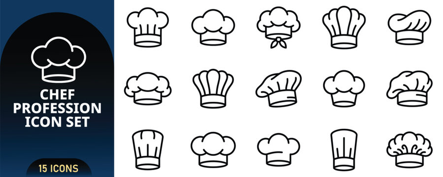 Chef Profession Icon Set, Vector Line Art Icons of Traditional Toque Hats, Baker Cook Uniform Caps, Restaurant Kitchen Clothing and Culinary Catering Headwear Isolated on White.