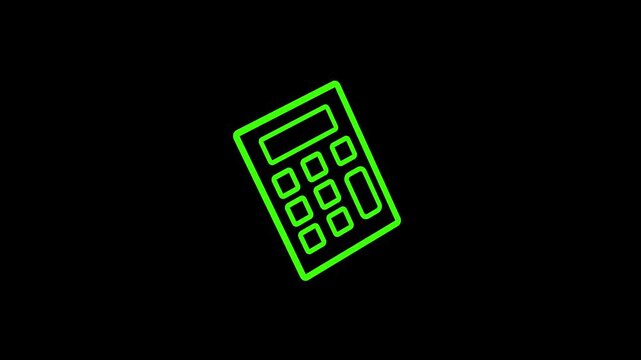 Neon green glowing calculator icon animation drawing on black background, mathematics computation and financial tax calculation line art video loop