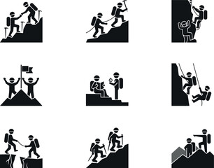 Obraz premium Mountain Climbing and Hiking Silhouette Icon Set Featuring Mountaineers, Rappelling, Rock Climbing, Teamwork Assistance, Peak Success, and Navigation Vector Illustrations