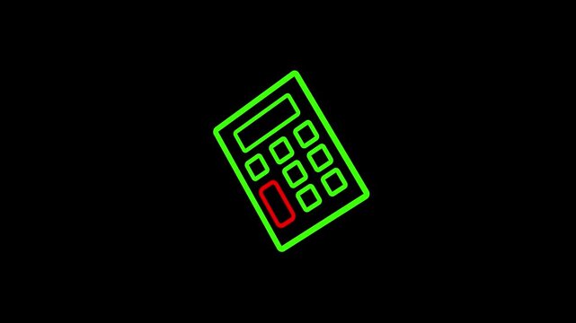 Neon green calculator icon with red equal button animation drawing on black background, glowing financial accounting math line art video loop