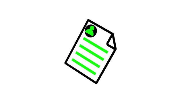 Creative resume icon animation with user avatar photo and green text lines on white background, line art curriculum vitae cv document video for job hiring recruitment