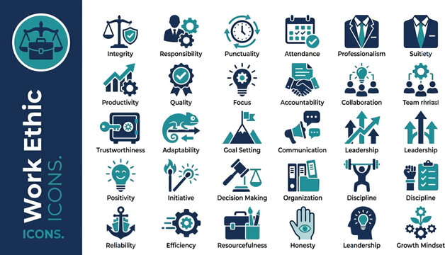 Work ethic icons illustrate professional values and corporate conduct through a series of stylized blue and dark grey graphical symbols.