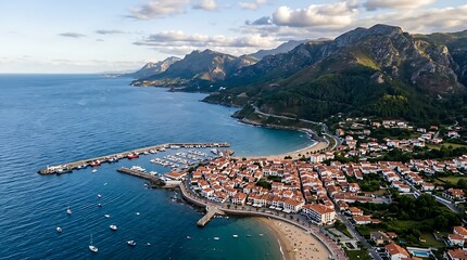 Obraz premium Aerial view of a beautiful coastal town with a harbor and mountains