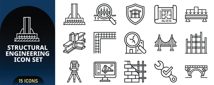 Structural Engineering Icon Set, Vector Line Art Icons of Building Construction, I-Beam Steel Frame, Foundation Load Analysis, Blueprint Plan, Concrete Rebar, Bridge Design Isolated on White.