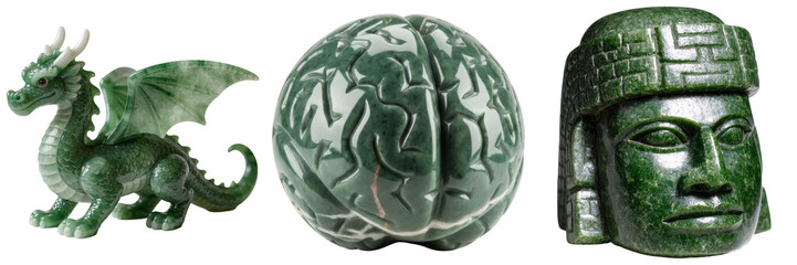 Green jade dragon, brain sculpture, and ancient head statue isolated on white background © TravelsPNG