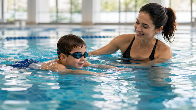 Child Learning to Swim With Instructor