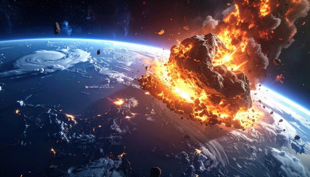  Giant asteroid colliding with planet Earth, fiery explosion in space, apocalyptic end of world concept, cosmic catastrophe and meteor impact illustration.