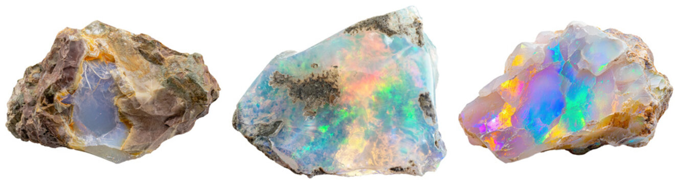 Three rough opal gemstones with iridescent play-of-color, isolated on a white background.