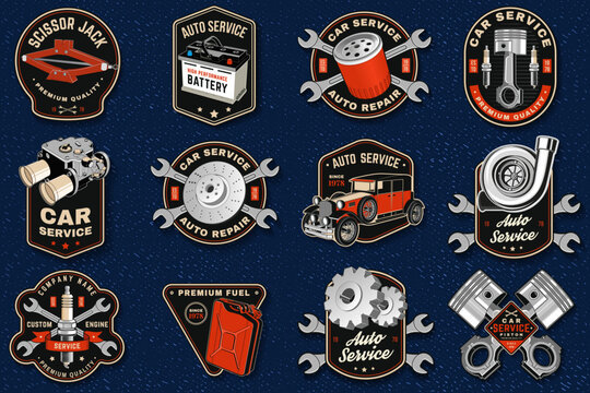 Retro Auto Service Badge Collection Vector. Vintage Garage Emblems for Automotive Repair and Workshop Branding