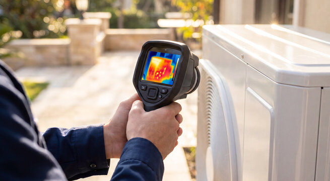 HVAC Technician Inspecting Outdoor Air Conditioner With Thermal Camera