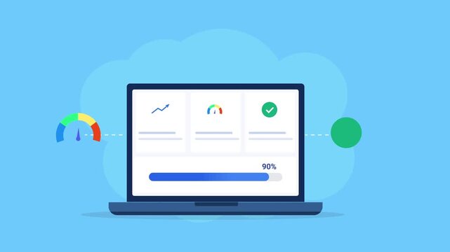 Animated flat vector illustration of a laptop displaying a performance monitoring dashboard with speed gauge, analytics charts, and verification icons. Modern KPI tracking, business analytics, and tec