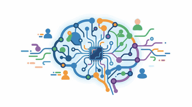 Abstract digital brain with network connections and human figures