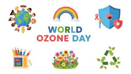 Naklejka premium World Ozone Day Celebration: A vibrant collage celebrating World Ozone Day, featuring children around the globe, a rainbow, protective shields, school supplies, colorful flowers.