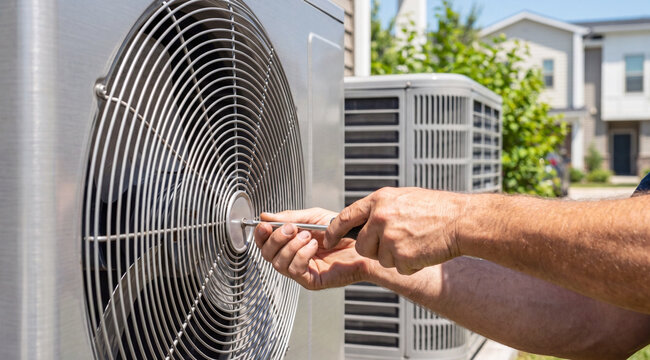 HVAC Technician Removing Fan Grille From Outdoor Air Conditioner