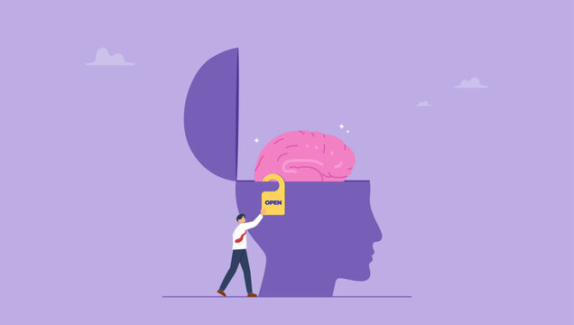 Leadership human head open minded for knowledge into brain. Open minded to learning or study new knowledge, enlightenment wisdom, imagination or inspiration thinking, positive cognition, discovery.