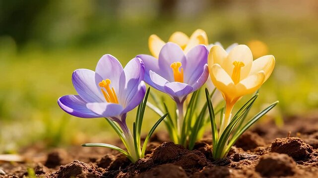 Colorful crocus flowers blooming