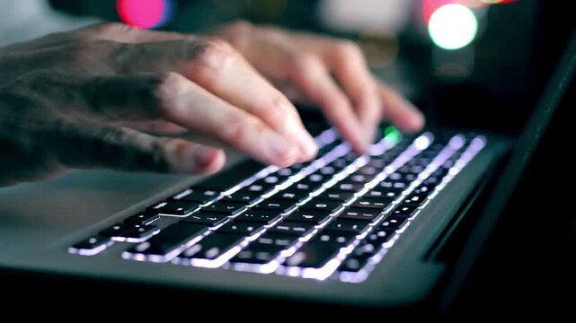 Cybersecurity hacker typing on backlit laptop keyboard at night, programmer coding software in dark room, hands working on computer