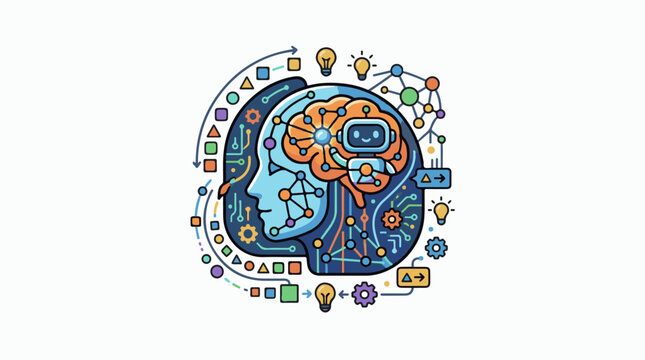Abstract digital brain with robot and circuitry symbolizing AI