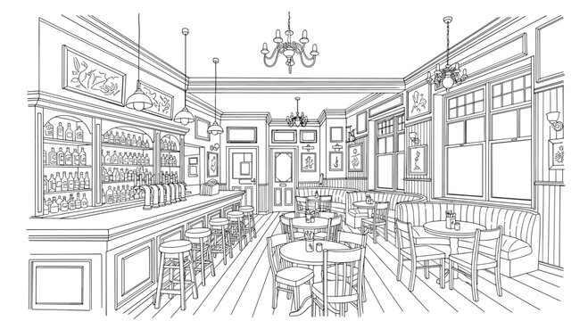 Hand-drawn sketch of a traditional pub interior features a long wooden bar, stools, dining tables, and various liquor bottles.