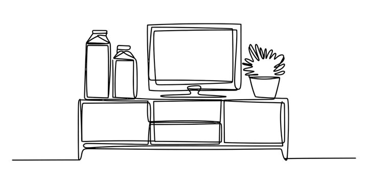 Continuous single line drawing of a modern tv stand with a television set, milk bottles, and a potted plant on a shelf in a simple living room interior