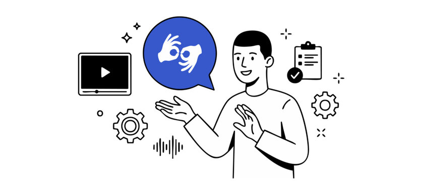 Sign language translation vector illustration of man gesturing next to online video media interface and checklist icons, promoting deaf web accessibility, inclusive communication, and education.
