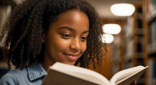 Young African American girl smiling, an engaged reader in a library surrounded by bookshelves, for educational content, literacy promotion, and academic resource websites