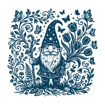 Cute Wizard Gnome in Floral Garden Vector