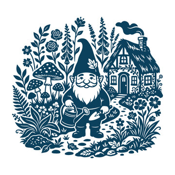 Cute Garden Gnome Cottage Vector Illustration
