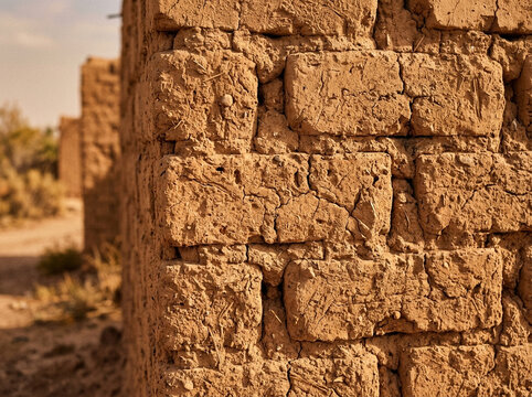 Ancient Adobe Brick Wall Texture in Desert Sunlight