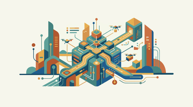 Abstract futuristic cityscape with data flow and drones