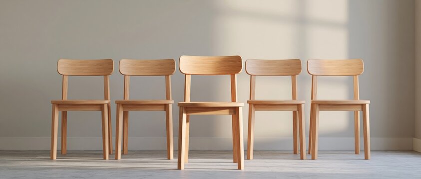 Row of five wooden chairs indoors